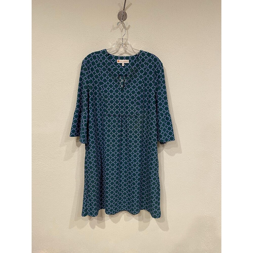 Jude Connally Dress Womens Medium Green Geometric 3/4 Sleeve Shift Knee Length